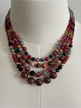 Multistrand Red Beaded Statement Necklace - Unbranded 19in